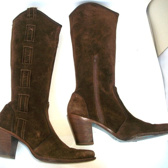 Vintage Via Spiga Tall Brown Suede Western Style Heeled Side-Zip Boots 10M - Picture 2 of 11